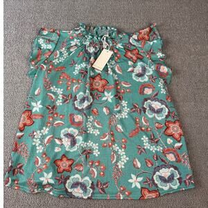 NWT Melloday Blouse Pull Over High Neck Ruffle Turquoise Floral Size Small